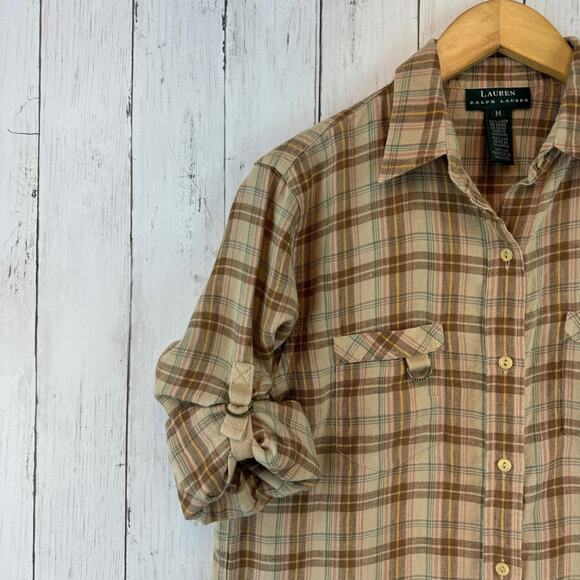 Lauren Ralph Lauren Plaid Linen Roll Up Buckle Sleeve Button-Down Size Medium - Picture 8 of 16